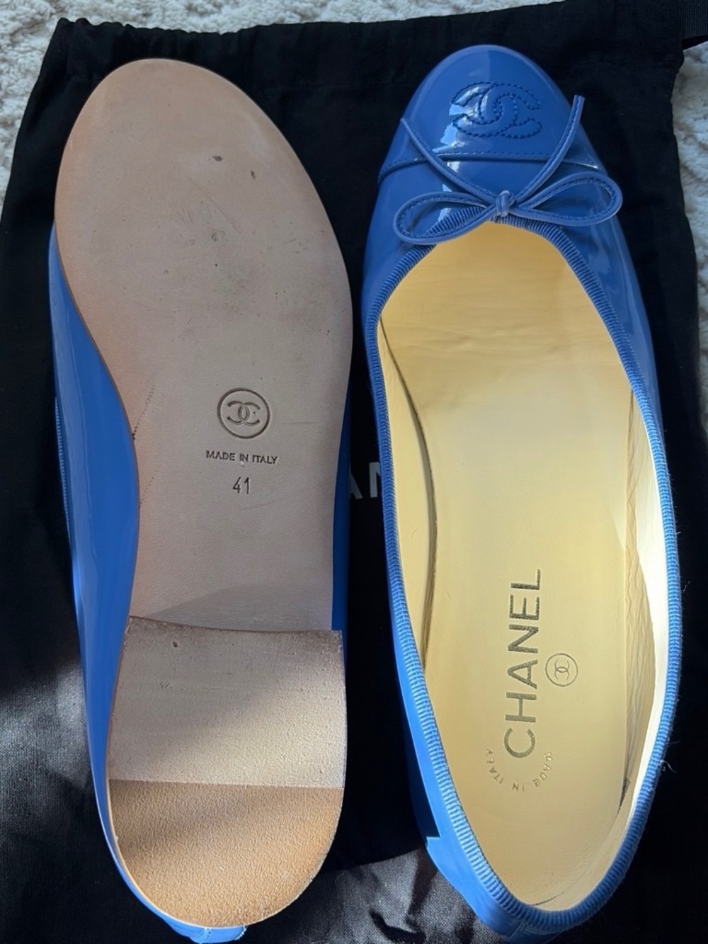 CHANEL Royal Blue Patent Leather Ballet Flats with CC Cap Toe - Picture 2 of 8